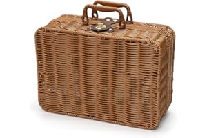 ETNORSU Wicker Picnic Basket, Decorative Prop Suitcase Vintage Storage Hamper Makeup Organizer, 11.5" Metal Lock Plastic Rattan Storage Box with Handles for Sundries Travel Camping and Outdoor Party (L)