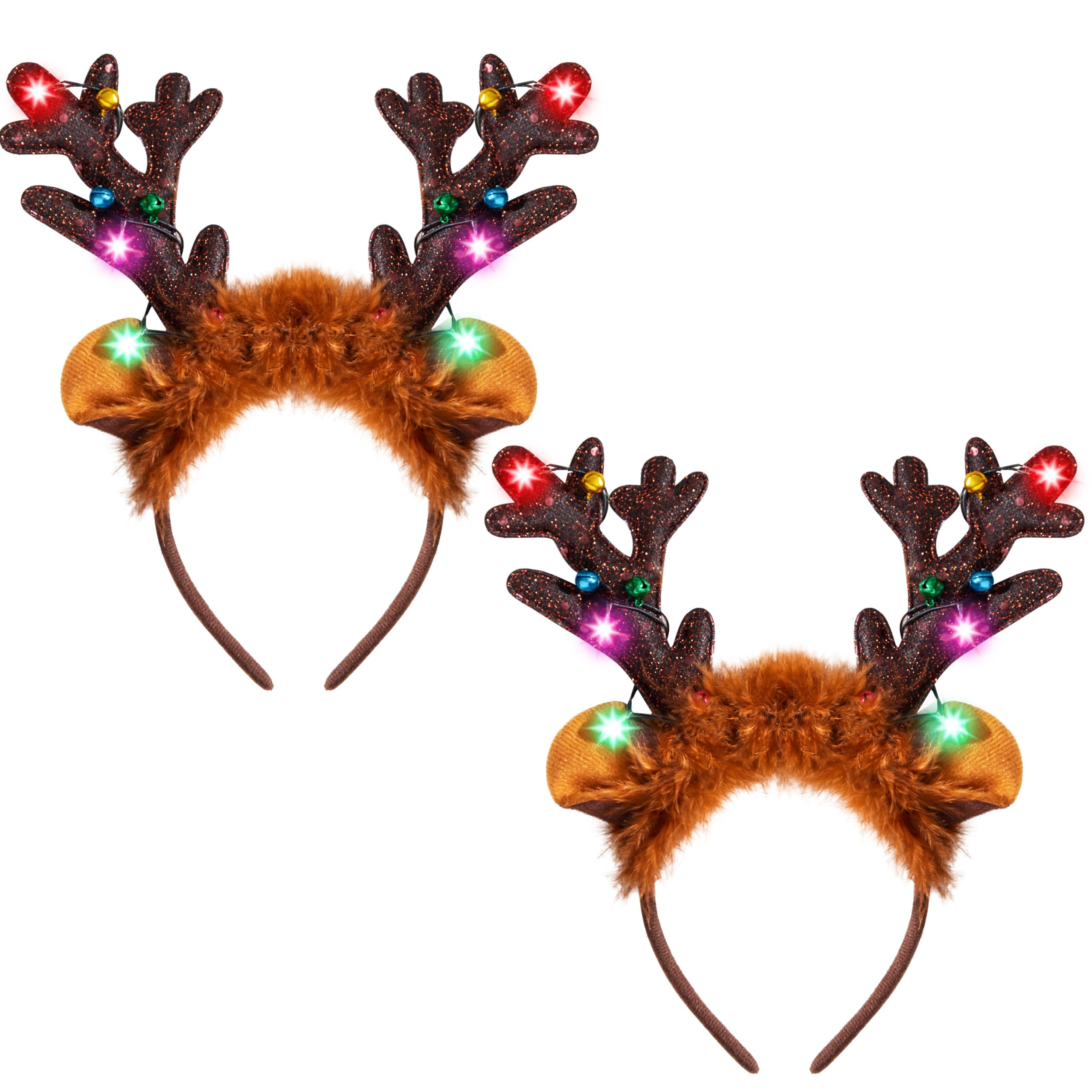 JOYIN 2 Pcs Light-Up Reindeer Headbands with LED, Christmas Headbands for Christmas Supplies and Holiday Parties Favors (ONE SIZE FITS ALL)