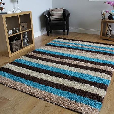 The Rug House Helsinki Teal Blue Beige Brown Modern Striped Shaggy Rugs 1853 4 Amazon Co Uk Kitchen Home