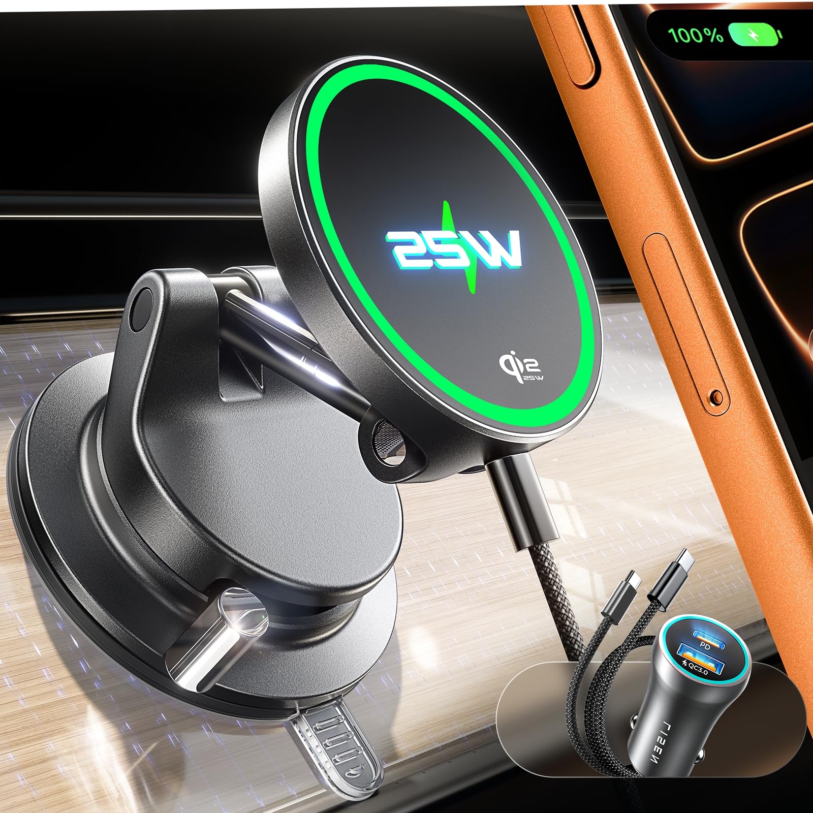 Photo 1 of LISEN Qi2.2 25W Magsafe Car Mount Charger [2026 Upgrade Qi2.2 Technology, Includes Car Charger], Vacuum Magnetic Phone Charger, Wireless Car Charger 25W for iPhone 17/16 (iOS 26), 15W for iPhone 15-12