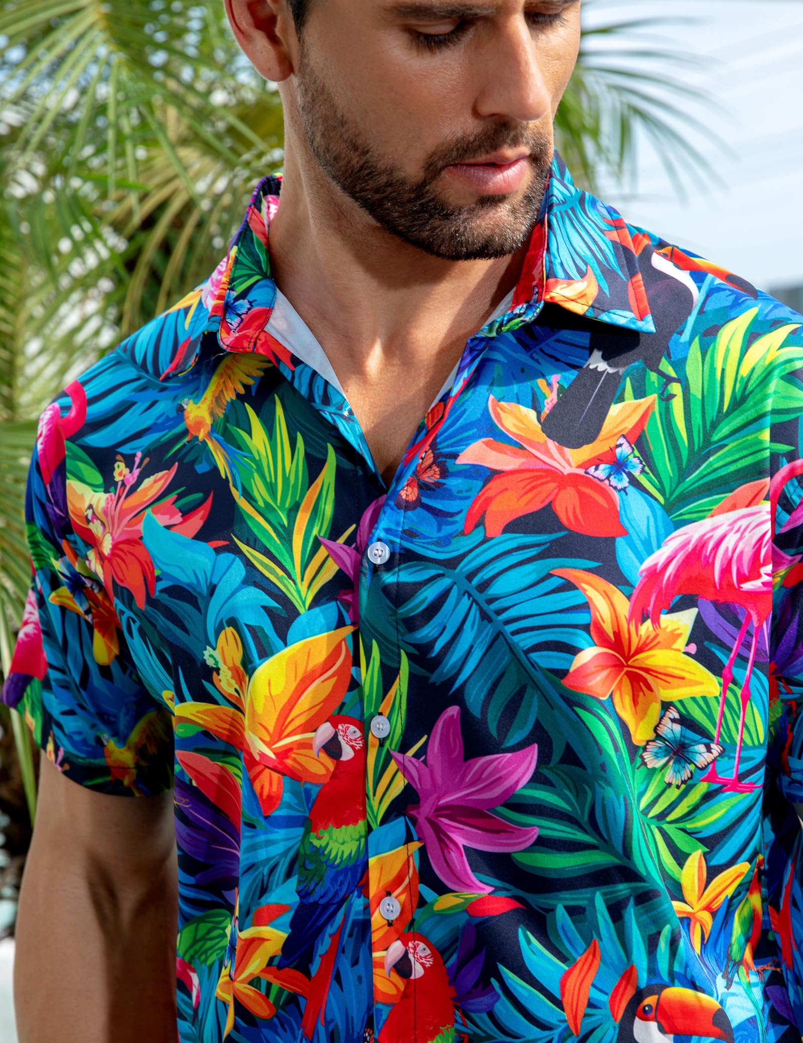 AIDEAONE Herren Aloha Hawaiihemden Hemden Kurzarm Knopf Hemd mit Flamingo 2