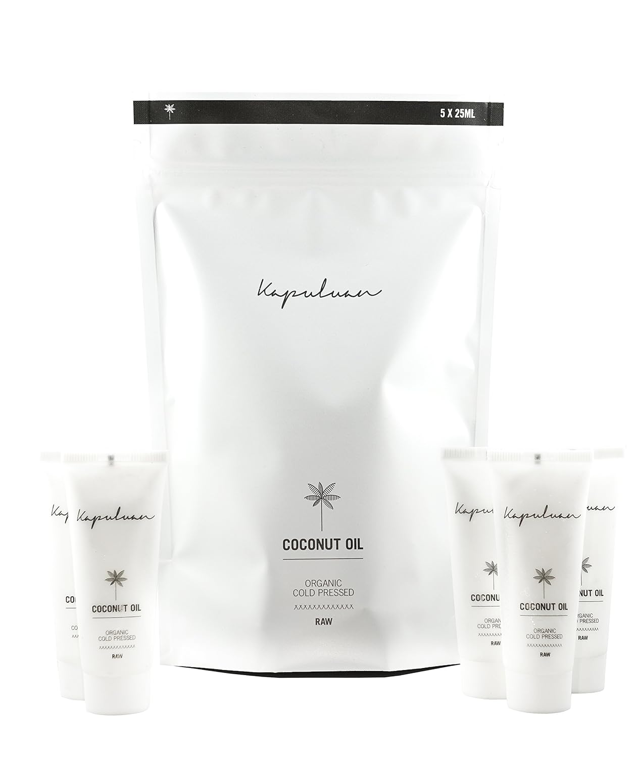 Kapuluan Raw Organic Coconut Oil Tube - Cold Pressed Organic Coconut Oil for Hair - Coconut Oil for Skin and Face - Travel Coconut Oil Mini Tube (5 x 0.84oz) - The Finest Quality Coconut Oil