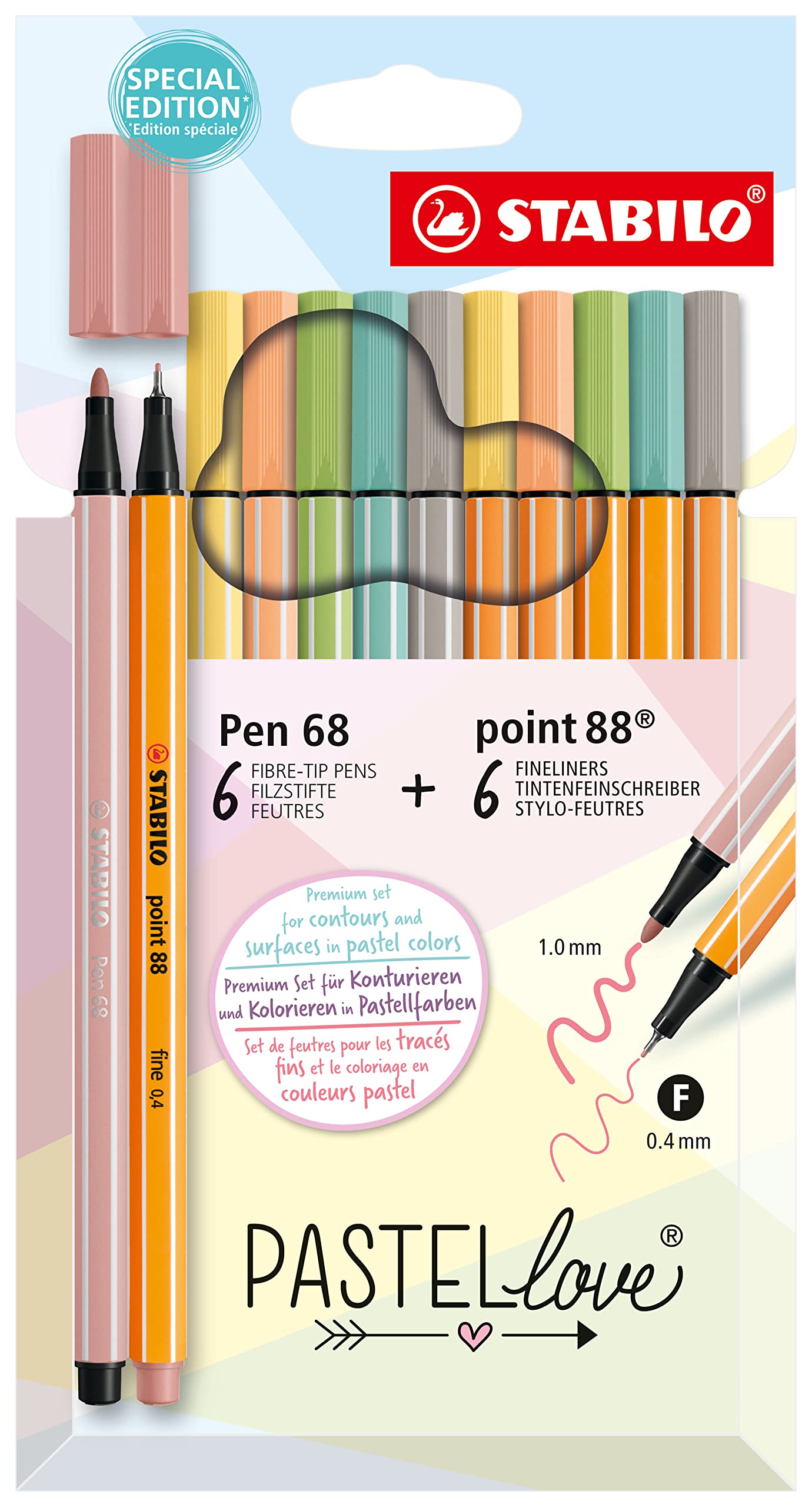 STABILO Pen Set Pastellove Set - point 88 & Pen 68 - Pack of 12 - Assorted Colours