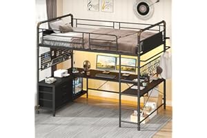 CSZZD Twin Size Loft Bed with U-Shaped Desk & RGB LED Lights, Black Loft Bed with Charging Station and 3 Fabric Drawers, Industrial Bunk Bed with Desk, Metal Pegboards, Safety Guard & Ladder
