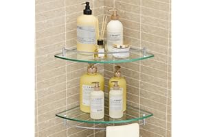 KES Glass Corner Shelf for Bathroom Corner Shelf 2 Pack Tempered Glass Shelf with Rail SUS 304 Stainless Steel Wall Mounted Brushed Finish, BGS2101A-2-P2