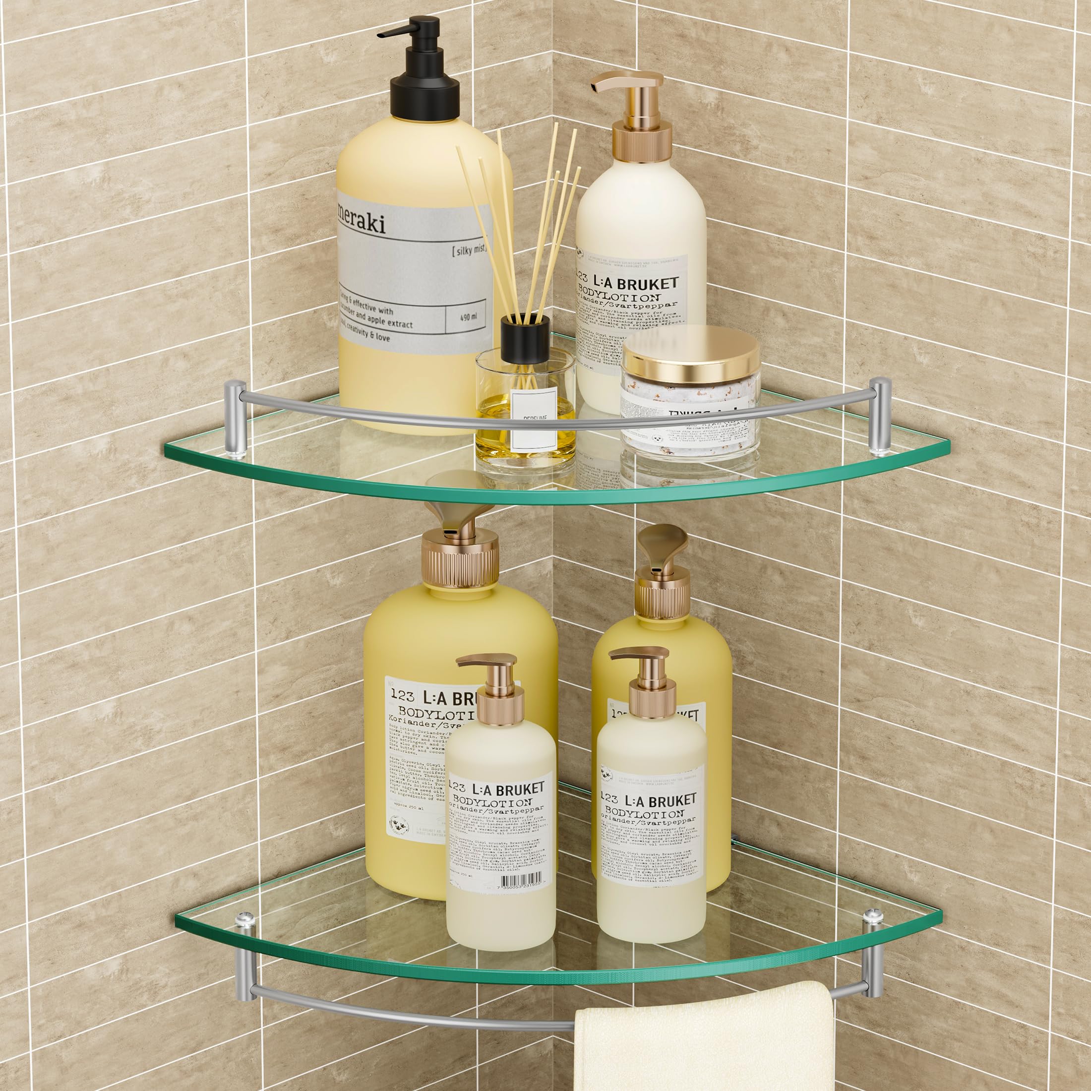 Photo 1 of KES Glass Corner Shelf for Bathroom Corner Shelf 2 Pack Tempered Glass Shelf with Rail SUS 304 Stainless Steel Wall Mounted Brushed Finish, BGS2101A-2-P2