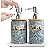 YHOJOY Hand and Dish Soap Dispenser Set, Ceramic Kitchen Soap Dispenser for Bathroom Lotion, Body Wash, Includes Instant Dry Tray, Collapsible Funnel, 15 Oz, Gray