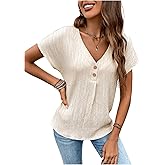 SweatyRocks Women's Button Front V Neck Blouses Short Sleeve Shirts Casual Plain Summer Tops Loose Fit