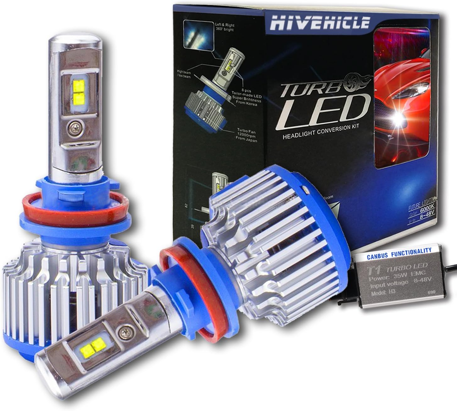 HiVehicle H8/H9/H11 LED Headlight Bulbs conversion kit Single Beam-Cree Chips-7600Lm- 6000K -72W,Cool White,2 yr Warranty(T1 Series)