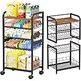 SWTYMIKI Can Organizer for Pantry - Stackable Rolling Snack Cart, Soda Can Organizer, Multi-Functional Shelf with Adjustable Wheels for Kitchen, Office, Living Room, Black