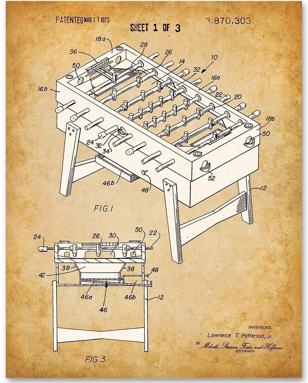 Foosball Table 11x14 Unframed Patent Print Great for Retro Home and Game Room