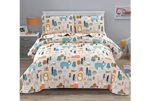 ARL HOME Cartoon Forest Bear Twin Size Kids Quilt Set - 3 Piece Bedding Set - Quilt, 2 Pillow Shams - Machine Washable - Soft, Smooth, Light and Free Breathing Seasons