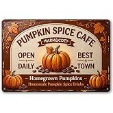 VINTMARK Pumpkin Spice Cafe Sign, Warm & Cozy Coffee Bar Decor, 8x12 | Pumpkin spice cafe tin sign with warm & cozy design, vintage fall wall art, rustic farmhouse man cave kitchen decor
