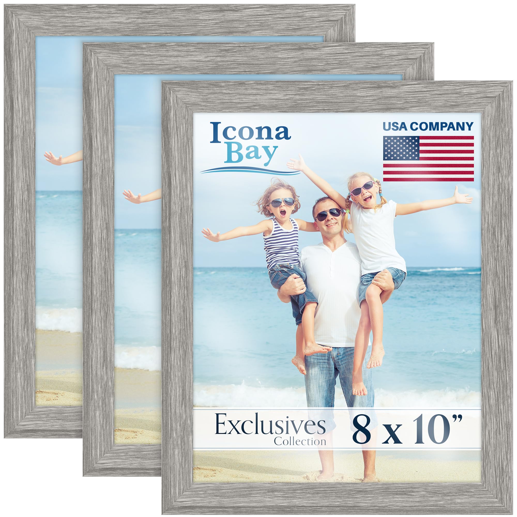 Icona Bay - 10x8 Picture Frames - Alder Grey, 3 Pack - Sturdy Engineered Wood Photo Frames 10 x 8 - Sleek Design, Table Top or Wall Mount - Exclusives Collection