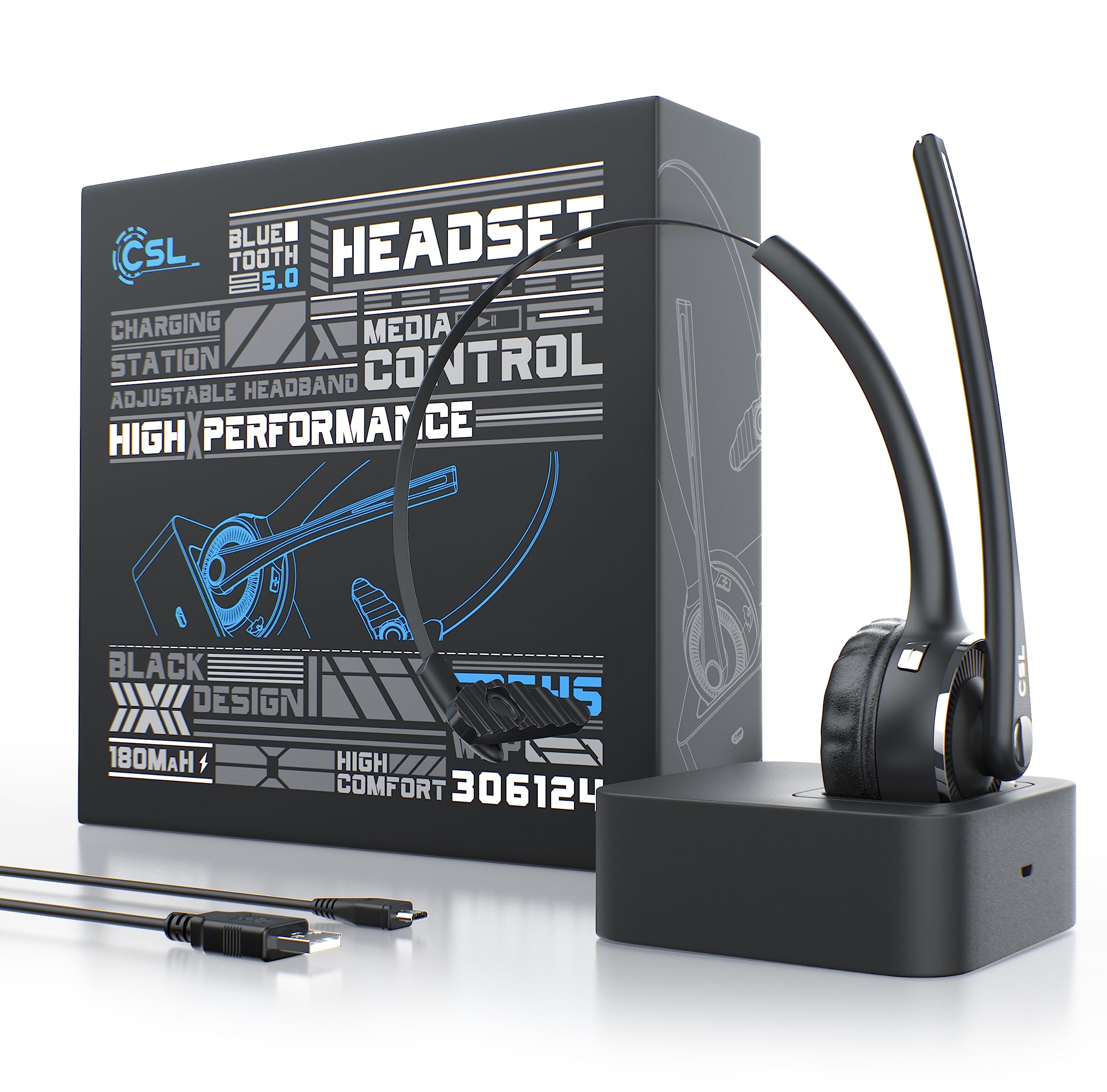 CSL - Bluetooth 5.0 Headset mit Ladestation - PC Headset mit flexiblem Mikrofon - Multipoint - kabellos - leicht - freisprechen - für Auto und LKW Computer Call Center Handys