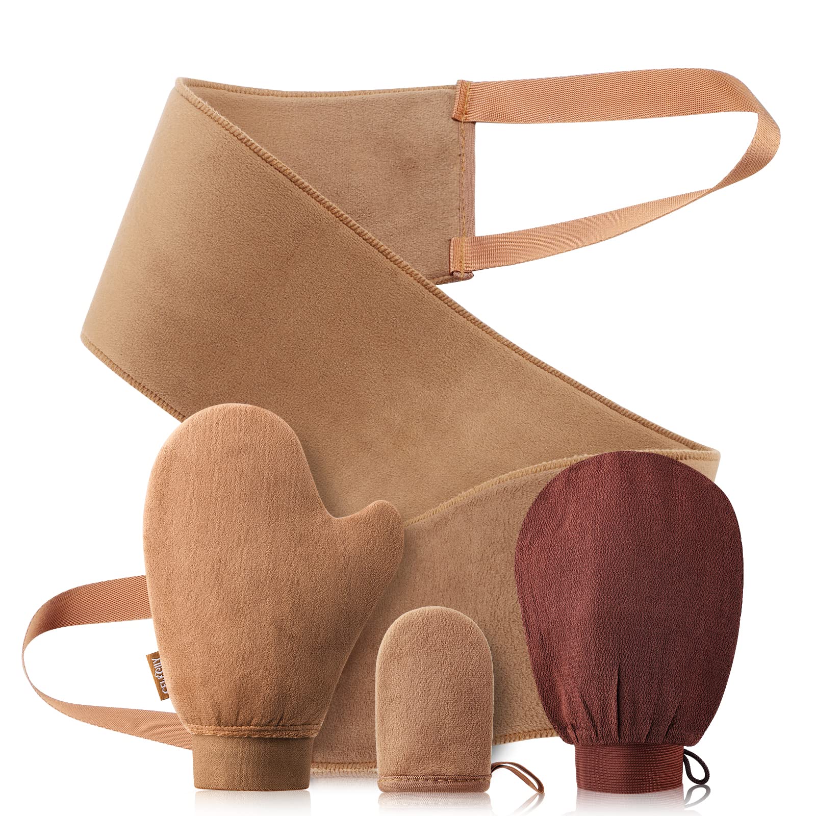 CeleCily Tanning Mitt Set - Fake Tan Mit Set with Self Tan Mitt, Mini Tanning Glove, Lotion Applicator for Back Tanner Applicator, Exfoliate Glove, Velvet Tanning Mit with Thumb & Cuff