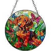 Stained Glass Suncatcher Dachshund Dog and Butterflies Handmade Window Hangings Colored Glass Suncatcher Crafts Kits for Indoor Garden Christmas Decoration 16x16cm-1-3