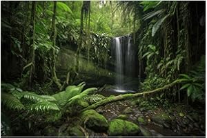 ZATIASMILLER Jungle Forest Aquarium Background Majestic Waterfall Cascading into Lush Green Rainforest Fish Tank Background Stream Rock Tropical Plants Reptile Tank Enclosure Background Wallpaper 24x16in