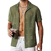 KENQOLA Mens Lace Shirt See Through Hollow Out Sheer Casual Short Sleeve Button Down Beach Shirts