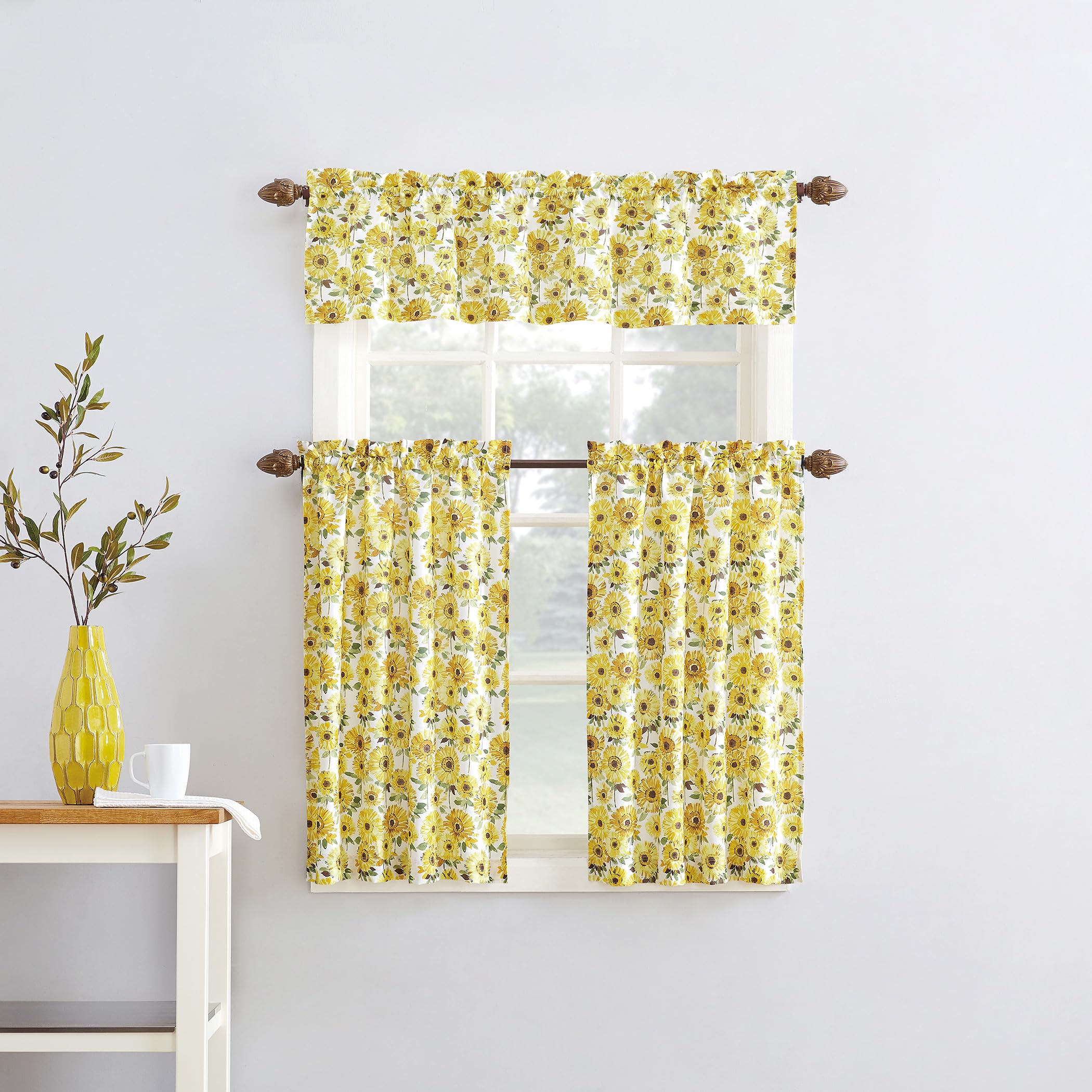 Photo 1 of No. 918 Sunbeam Sunflower Print Semi-Sheer Rod Pocket Kitchen Curtain Valance and Tiers Set, 54" x 36", Yellow
