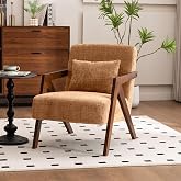 DRKAT Mid-Century Modern Accent Chair with Solid Wood Frame,Upholstered Chenille Living Room Arm Chairs with Pillow for Bedro