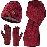Womens Winter Knit Warm Hat Beanie Long Scarf Touch Screen Gloves Set for Cold Weather, 3 in 1 Warm Gift Set