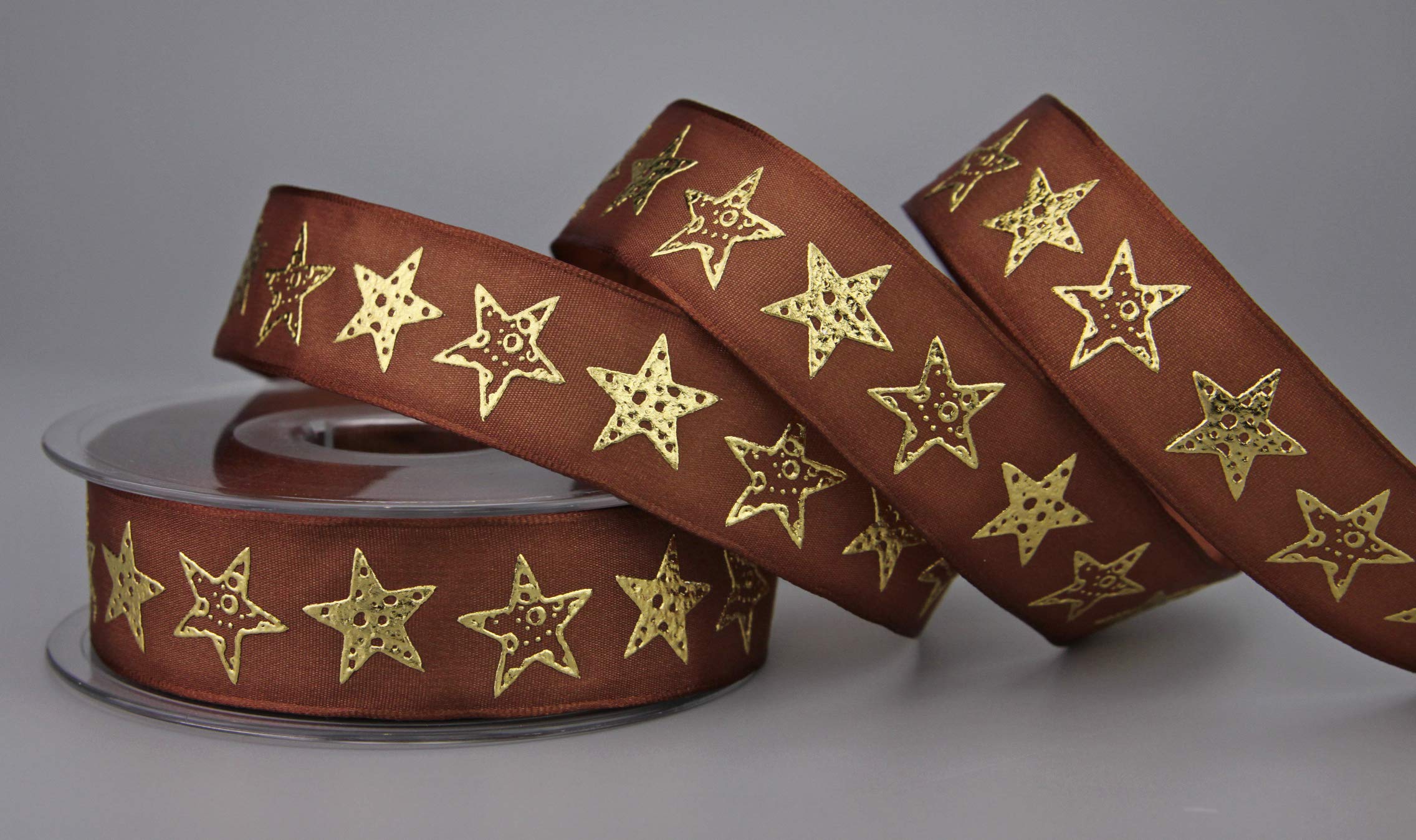 finemark Decorative Ribbon Bright Stars Brown Gold 20 m x 25 mm Roll Fabric Ribbon with Wire Stars Motif Christmas Advent Premium