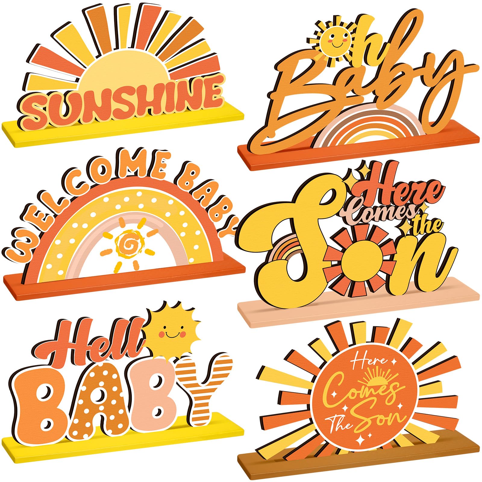 Photo 1 of Threehoney 6 Pcs Here Comes the Son Baby Shower Decorations Retro Boho Party Centerpiece for Table Toppers Wooden Sunshine Baby Shower Decorations for Home Office Tier Tray Party Supplies(Orange)