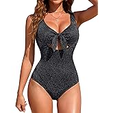 Blooming Jelly Womens One Piece Swimsuit Tummy Control Shimmer Textured Bathing Suit Tie Knot Cutout U Back Slimming Swimwear