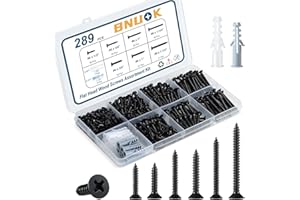 BNUOK Wood Screws Assortment Kit, 289PCS High Hardness Flat Head Wood Screws Set, Assorted Screws,Phillips Drive,Black Dacromet Coated, 7 Sizes (1-1/2”,1-1/4”,1”,3/4”,1/2”)