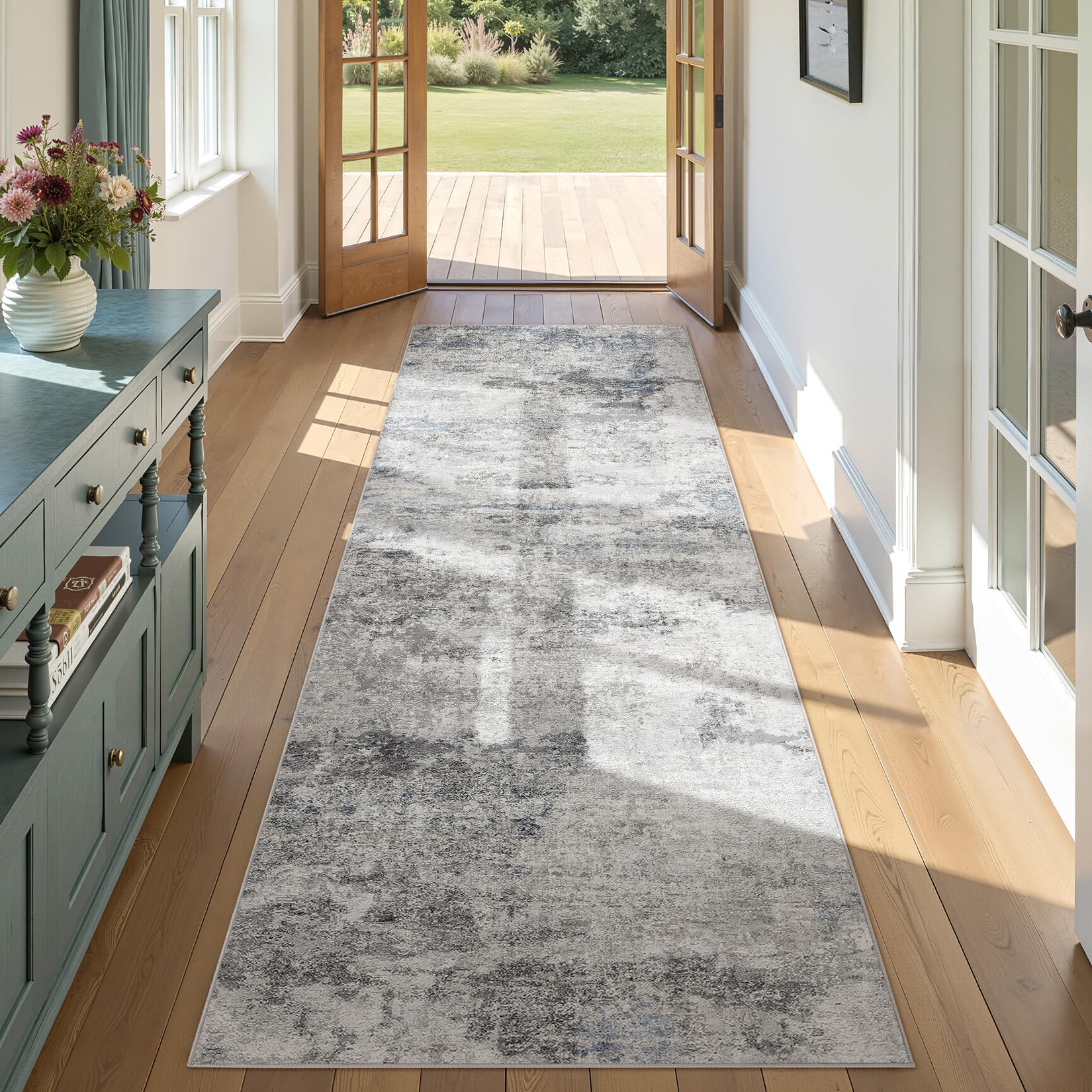 Photo 1 of DMOYEST Living Room Area Rugs - 3x8 Abstract Large Soft Indoor Washable Rug Neutral Modern Low Pile Carpet for Bedroom Dining Room Farmhouse Home Office - Grey Blue