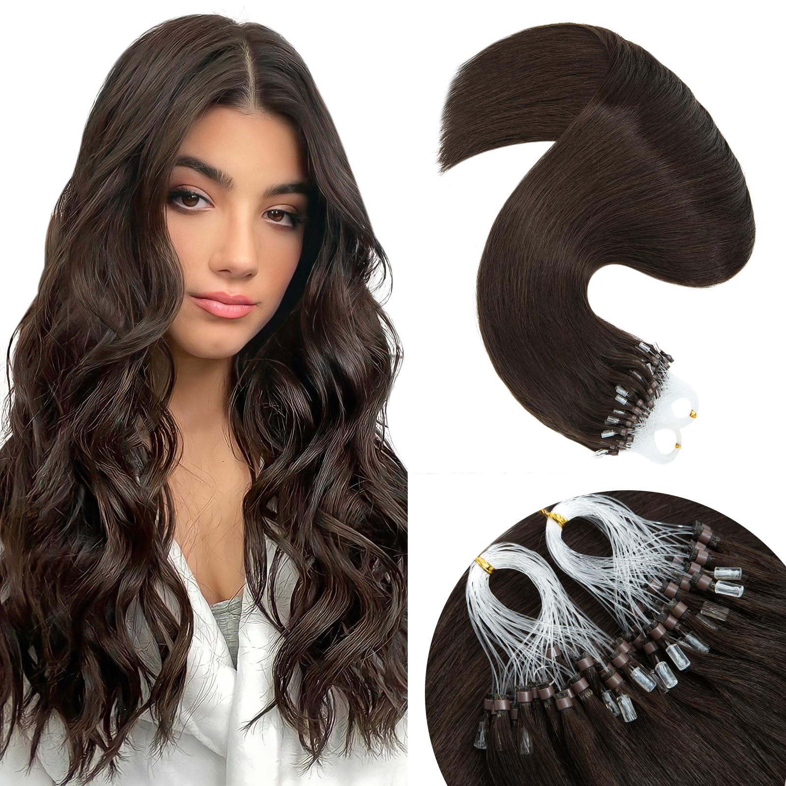 Elailite Micro Loop Hair Extensions Real Human Hair 1g 50 Strands - Micro Ring Beads Hair Extensions Remy Straight Cold Fusion (#2 Dark Brown, 18 Inch)