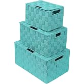 Sorbus Storage Basket with Lid, 3-Piece Woven Set for Shelves (Aqua) | Decorative wicker containers with covers and carry handles organize clothing, linens and accessories in closets and bedrooms.