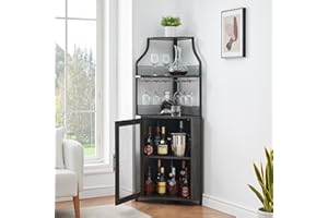 GarveeHome Corner Wine Bar Rack Cabinet with Detachable Wine Rack, Home Bar Cabinet with Barn Door and Adjustable Shelf, Wine Bar Cabinet and Buffet Cabinet with Mesh Door, Fire Wood