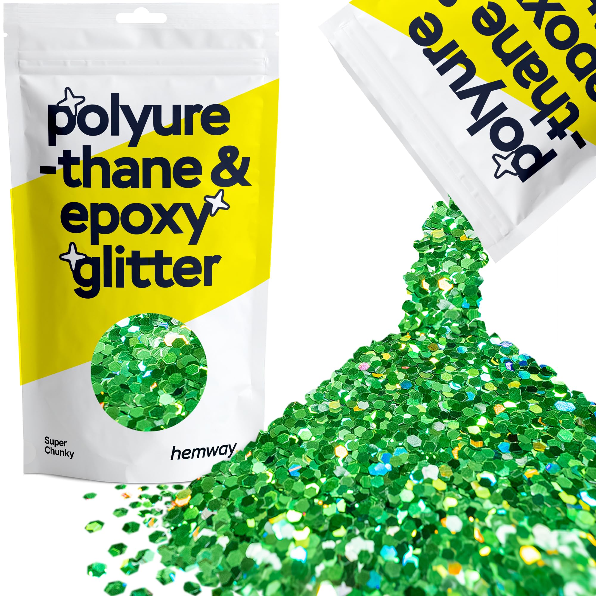 Hemway Resin Glitter Emerald Green Holographic 100g Super Chunky | Polyurethane & Epoxy Glitter for Resin Crafts, Tumblers, Coasters & Table Art