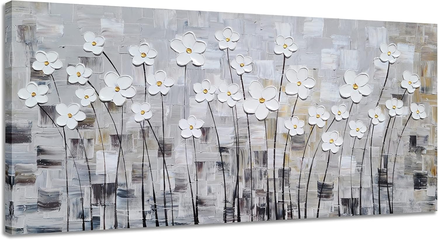 Paintings - YHSKY ARTS Flower Picture Wall Decor with Heavy Textured Modern Grey and White 3D Paintings Contemporary Aesthetic Artwork for Living Room Bedroom Bathroom Decor