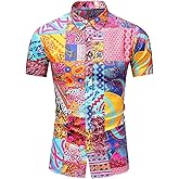 LEFTGU Men's Casual Printed Button Down Beach Short-Sleeve Dress Shirt