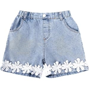 Hilinker Girls Jean Shorts Floral Lace Hem Elastic Waist Cute Summer Denim Shorts with Pockets