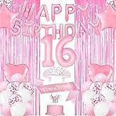 Sweet 16 Party Decorations Pink, 16th Bday Decoration for Girl, Happy Birthday Banner, Sash and Crown, Number 16 Foil Balloon, Cake Topper, Balloons Decor