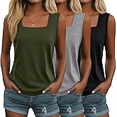 Huukeay 3 Pack Summer Women's Tank Tops Cotton Sleeveless Shirt Loose Fit Square Neck Tank Top with Side Slits(Black, Army Green, Light Gray,Large)