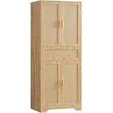 Iwell Tall Storage Cabinet with 2 Adjustable Shelves &amp; Large Drawer, Rattan Cabinet with 4 Doors, Pantry Cabinets for Dining Room, Living Room, Home Office, Natural
