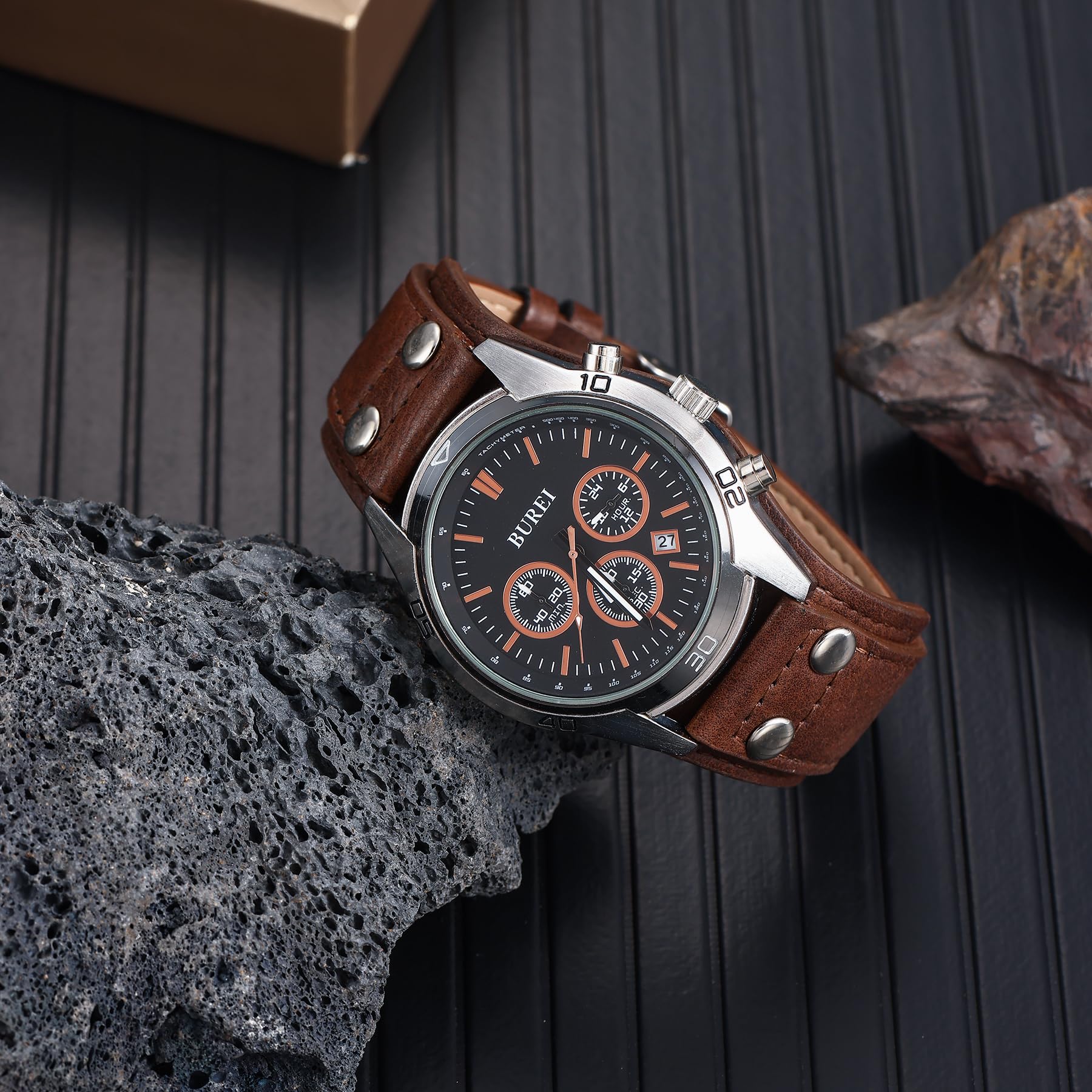 BUREI Men Watches,Waterproof Analog Dress Wrist Brown Leather Watches for Men with Black dial,Multifunction Watches for Men., BS0112-ZHZYZ