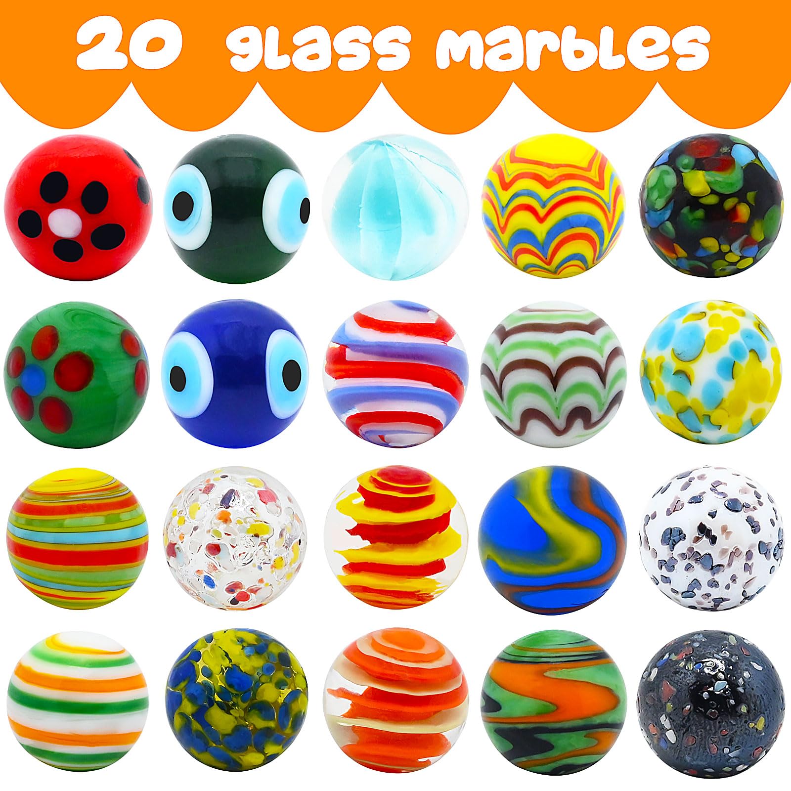 20 PCS Glass Marbles for Kids, Marble Games and Marble Run Accessories for Boys and Girls, Beautiful Marbles Bulk for Home Decoration