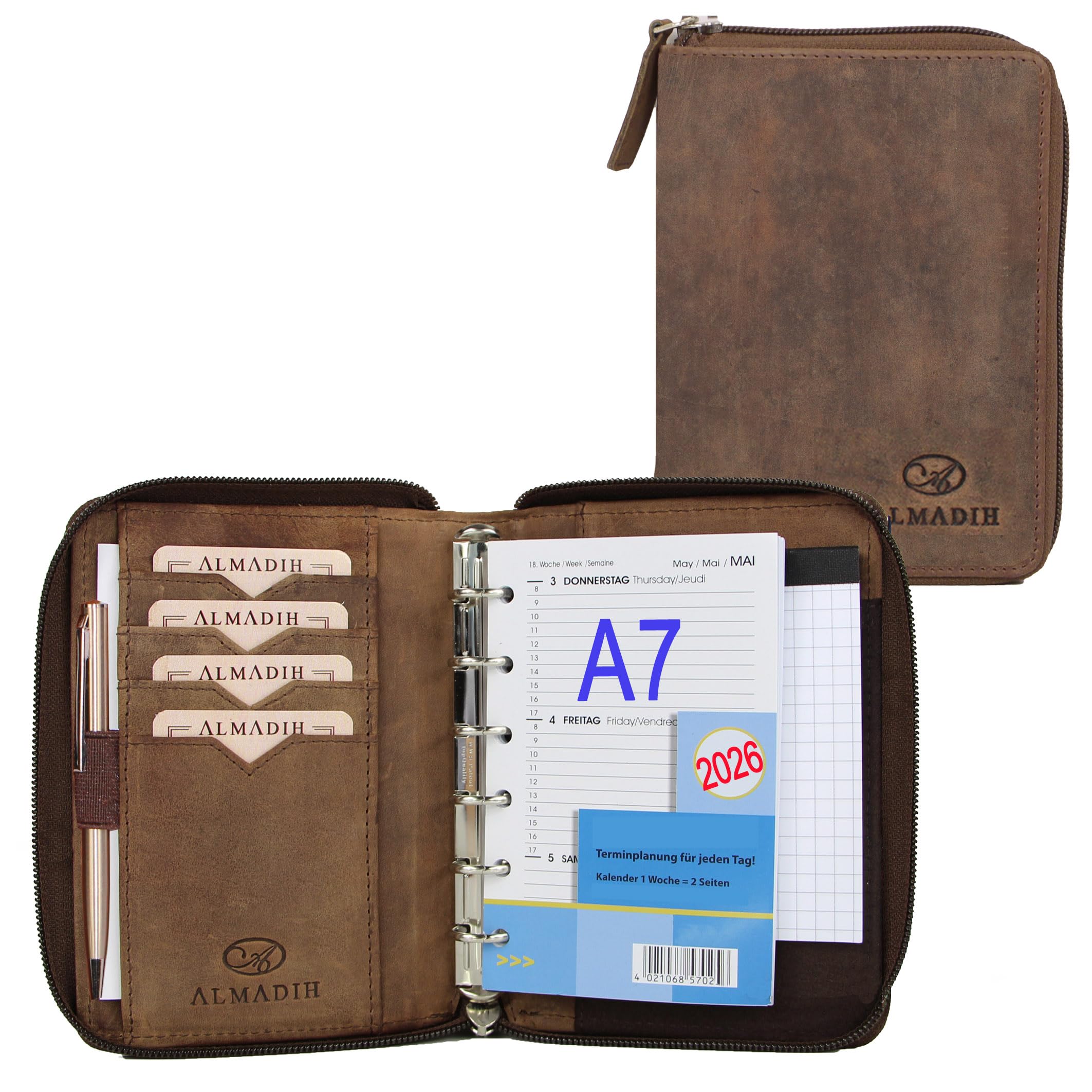 ALMADIH Leather A7 Organizer with Rings, Zipper, Calendar 2025 + A7 Writing Pad made from Premium Cow Leather brown vintage with Gift Box - Personal Planner Conference Folder System Ring Binder