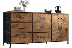 WLIVE 47''W Dresser for Bedroom, Dresser TV Stand for 45, 50, 55 inch TV, Wide Chest of Drawers with 9 Drawer, Large Entertainment Center, Fabric Dressers with Wood Top for Living Room, Rustic Brown