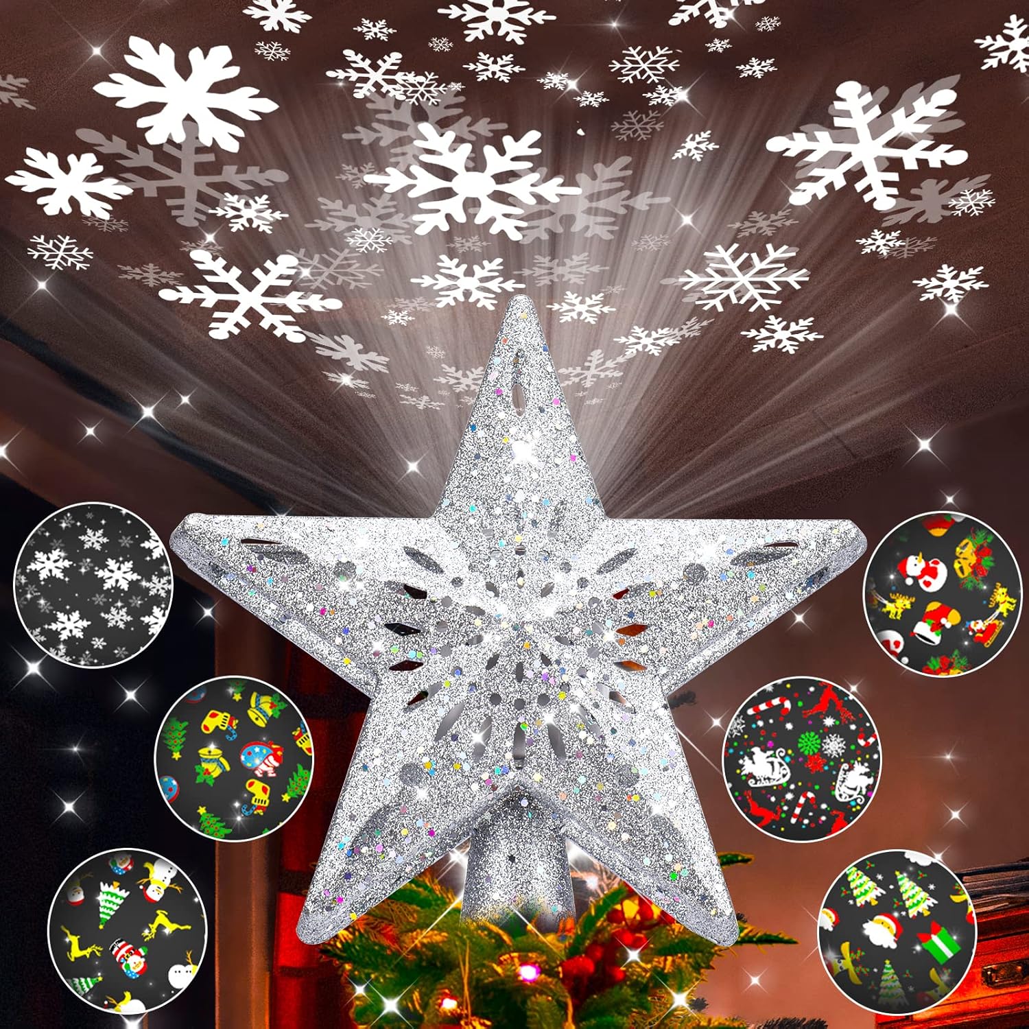 Tree Toppers - WinPull Christmas Tree Topper Lighted with 6 Pattern Projection Modes, Christmas Star Tree Topper Built-in LED Rotating Lights, 3D Glitter Projector for Christmas Decorations (Silver)