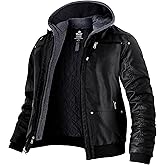 wantdo Men's Big and Tall PU Faux Leather Jacket Zip-Up Motorcycle Bomer Jacket Casual Winter Coat with Removable Hood