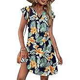 OFEEFAN Spring Summer Dresses for Women 2026 Casual Ruffle Sleeve V Neck Loose Swing Sundresses with Pockets Plain/Print