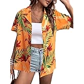 FLOYU Women's Hawaiian Shirt Tropical Button Down Outfits Hibiscus Flowers Blouses Beach Aloha V Neck Short Sleeve Shirt