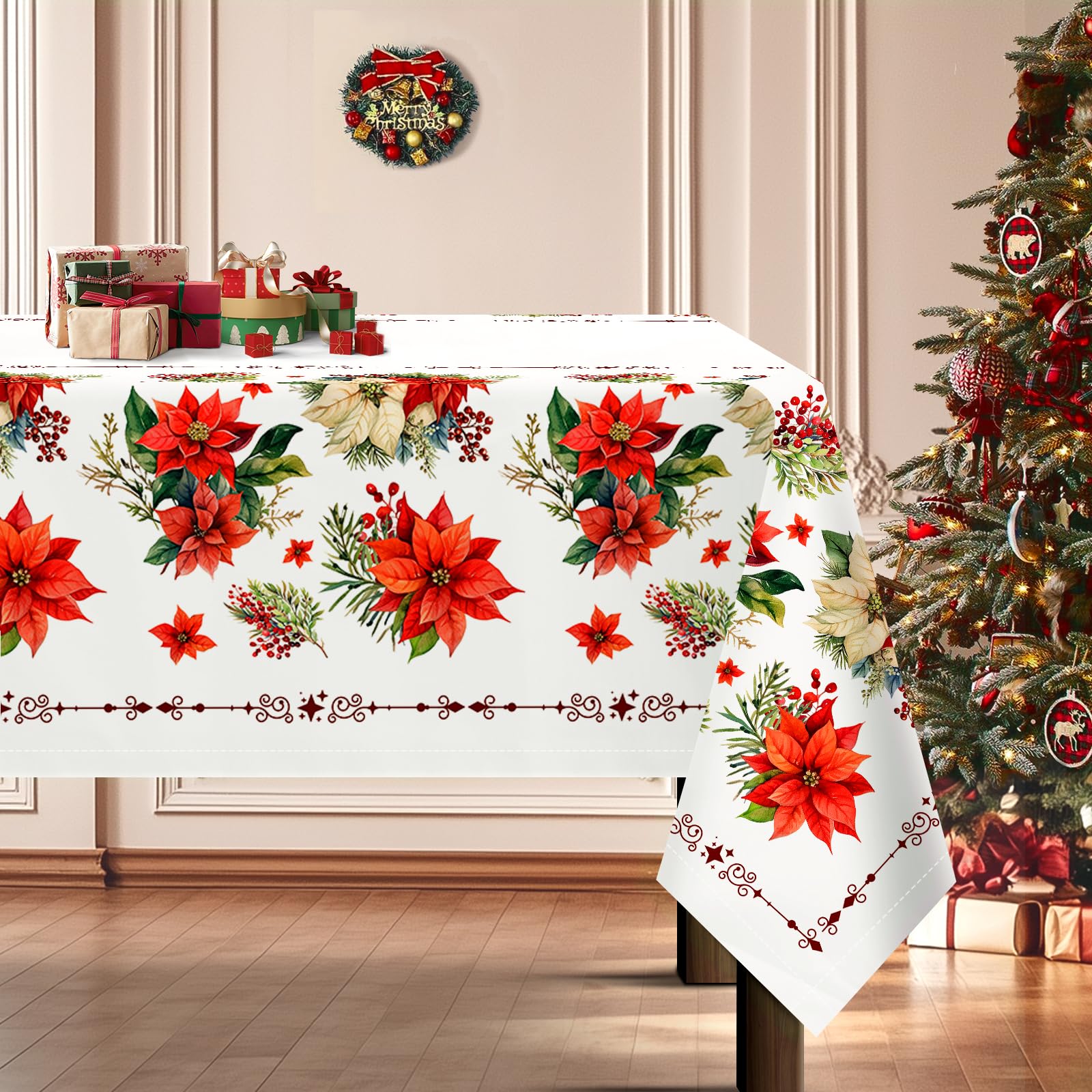 Arquiel Christmas Floral Table Cloth, Rectangle Xmas Flower Table Cloth Waterproof, Wrinkle Resistant Decorative Table Cover for Christmas Party Holiday Winter Home Decor(Red, 152x213cm) (HX0190B) — image 1